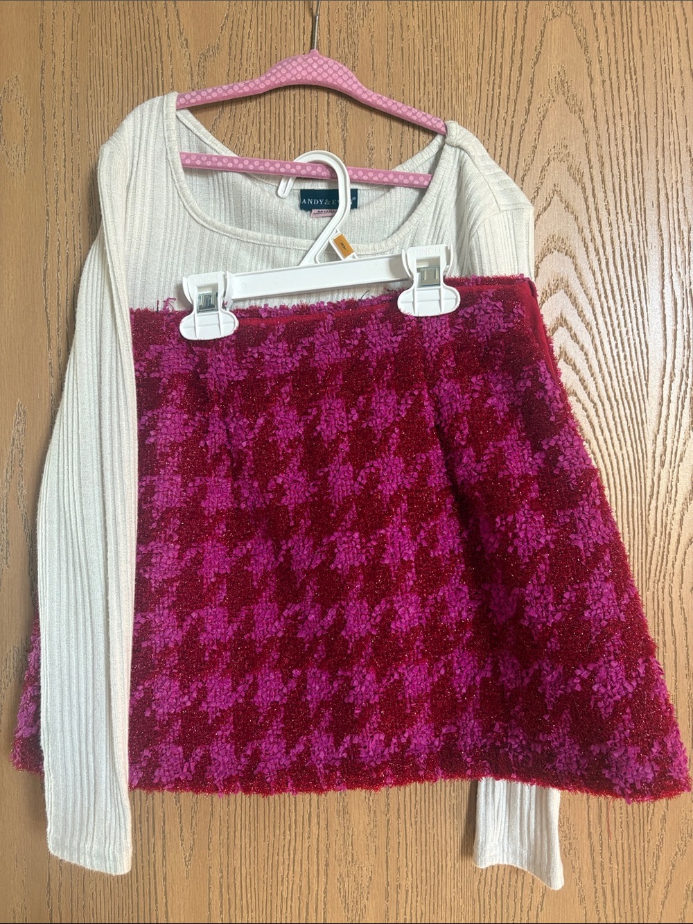 Andy & Evan Cream Ribbed Knit Top with Pink and Red Skirt